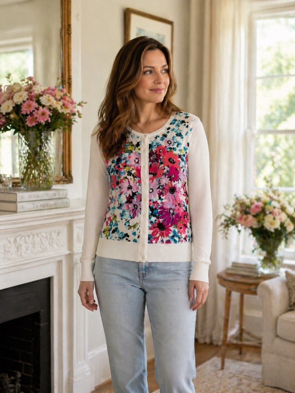 Ann Taylor White Floral Button Front Cardigan Sweater M